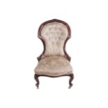 EARLY VICTORIAN WALNUT AND UPHOLSTERED BALLOON BACK LADIES CHAIR raised on cabriole legs to the