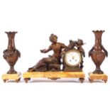 NINETEENTH-CENTURY FRENCH CLOCK GARNITURE Comprising: a figure mounted clock by Moreau of Paris