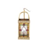 NINETEENTH-CENTURY BRASS AND LEADED GLASS HALL LANTERN of square form, suspended on four hooped arms