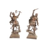 PAIR OF NINETEENTH-CENTURY BRONZED SPELTER FIGURES each depicting a warrior in combat, raised on a