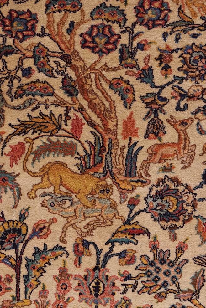 EARLY TWENTIETH-CENTURY TREE OF LIFE HUNTING RUG decorated with animals and birds, signed 143 x - Image 2 of 5