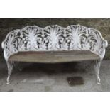 ORNATE CAST METAL LEAF DECORATED GARDEN BENCH with latted wooden seat 82 cm. high; 158 cm. wide;