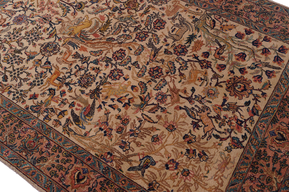 EARLY TWENTIETH-CENTURY TREE OF LIFE HUNTING RUG decorated with animals and birds, signed 143 x - Image 3 of 5