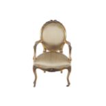 NINETEENTH-CENTURY GILT FRAMED BALLOON BACK ELBOW CHAIR raised on cabriole legs to the fore 94 cm.