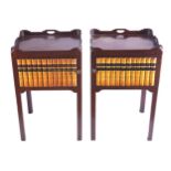 PAIR OF GEORGE III STYLE MAHOGANY TRAY TOP PEDESTALS each with a book bound panelled door, raised on