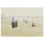 MICHAEL BARNARD Walking along the beach with the pier in the distance Watercolour 17 x 23 cm.