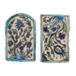 TWO EARLYâ€ˆMIDDLE EASTERN PAINTED TILES 13 cm. long