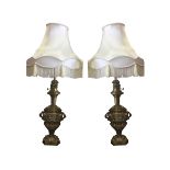 PAIR OF NINETEENTH-CENTURY BRASS VASE STEMMED TABLE LAMPS AND SHADES