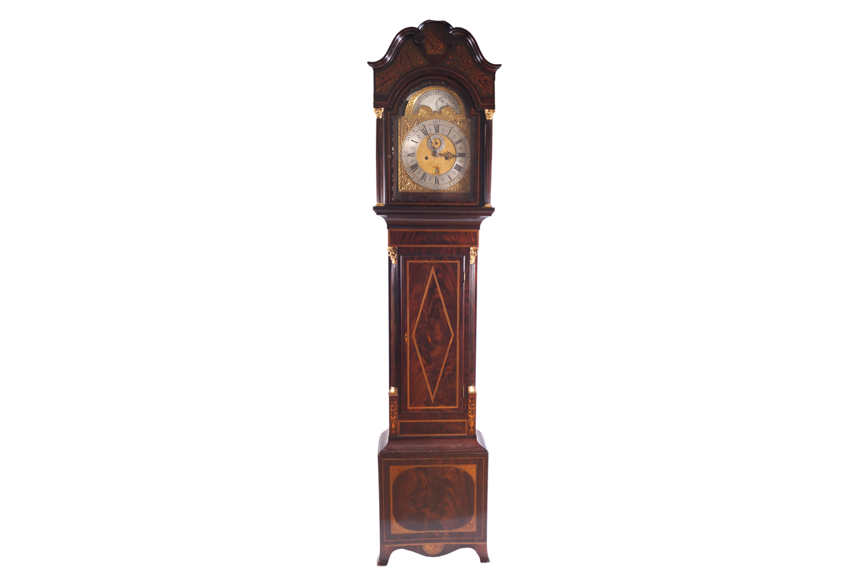 GEORGE III PERIOD MAHOGANY AND MARQUETRY LONGCASE CLOCK with arched gilded and silvered dial,