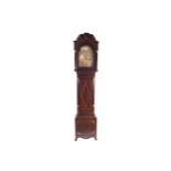 GEORGE III PERIOD MAHOGANY AND MARQUETRY LONGCASE CLOCK with arched gilded and silvered dial,