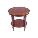 EDWARDIAN PERIOD BRASS MOUNTED MAHOGANY AND MARQUETRY TWO TIER OVAL TABLE the oval profusely