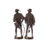 EMILE LOUIS PICAULT Archer and Scholar, Pair of signed nineteenth-century bronze sculptures 49 cm.