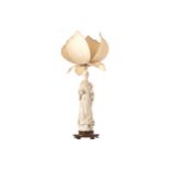 REPUBLICAN CHINESE DEHUA FIGURE OF GUANYIN FIGURE STEMMED LAMP with original silk shade 75 cm. high