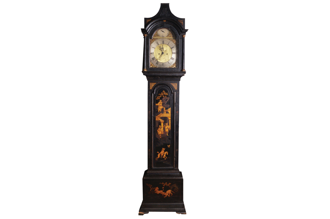 GEORGE III PERIOD LACQUERED LONGCASE CLOCK with arched brass dial, inscribed David Rivers, London,