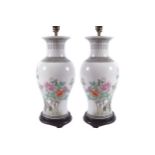 PAIR OF FAMILLE VERT VASE STEMMED TABLE LAMPS AND SHADES 70 cm. high (2)