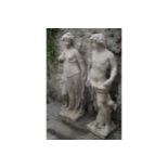 PAIR OF LARGE CAST-STONE FIGURES APOLLO AND DIANA THE HUNTRESS 140 cm. high (2)