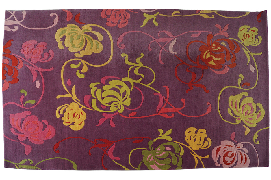 HANDWOVEN DESIGNER RUG with light purple main field, and all over flower heads pattern 174 x 244