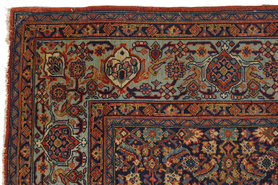 ANTIQUE TABRIZ RUG with all over design, on blue ground,with turquoise border and script border - Image 2 of 6