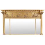 REGENCY PERIOD GILT FRAMED OVER MANTLE MIRROR of three rectangular plates, between clustered