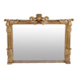 LARGE WILLIAM IV PERIOD CARVED GILTWOOD OVER MANTLE MIRROR, CIRCA 1830 the rectangular plate, within