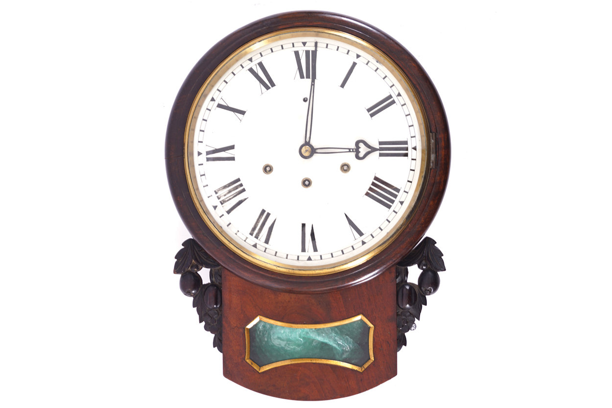 NINETEENTH-CENTURY MAHOGANY DROP DIAL WALL CLOCK 50 cm. high; 35 cm. wide