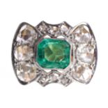 ANTIQUE BOW SHAPED DIAMOND AND EMERALD RING approx 3 ct. emerald surrounded by approx. 2 ct.