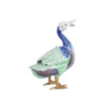 GLAZED ART POTTERY POLYCHROME DUCK with lift-up wings, raised on brass feet