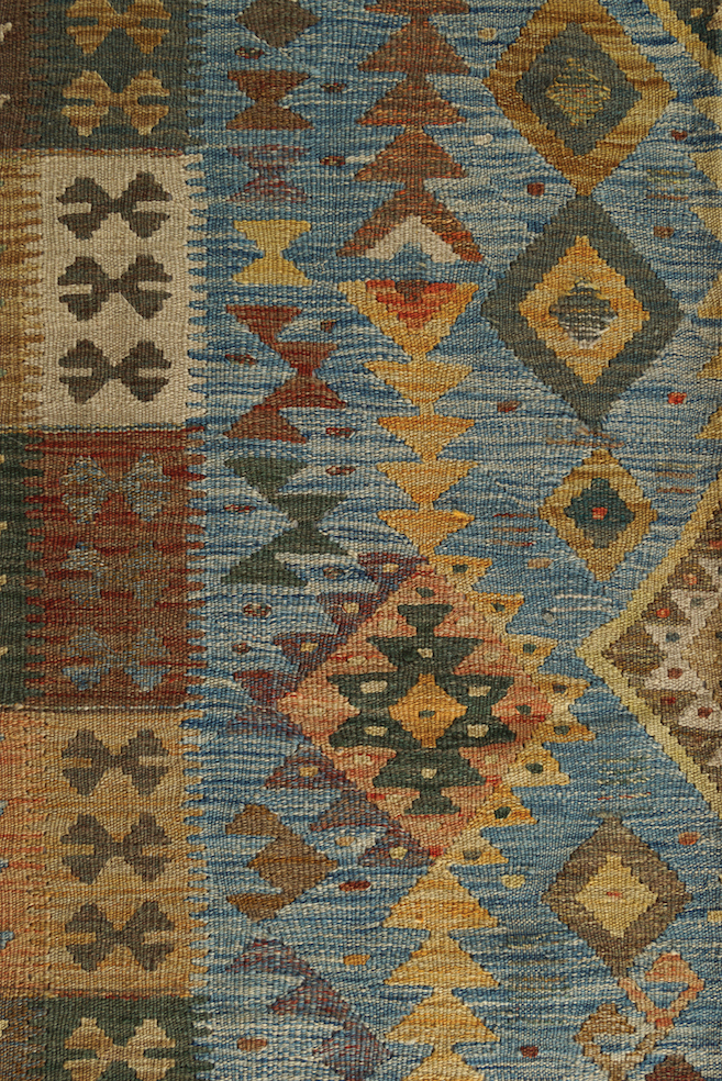 NORTHEAST PERSIAN KELIM VEG DYE CARPET on turquoise ground, with repeated diamond medallions, and - Image 4 of 6