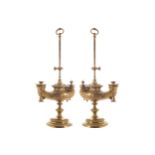 PAIR OF NINETEENTH-CENTURY BRASS ALADDIN LAMP STEMMED TABLE LAMPS 54 cm. high (2)