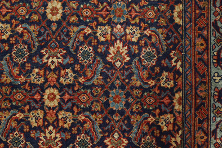 ANTIQUE TABRIZ RUG with all over design, on blue ground,with turquoise border and script border - Image 4 of 6