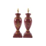 PAIR OF RED LACQUERED CHINOISERIE DECORATED VASE STEMMED TABLE LAMPS 60 cm. high (2)