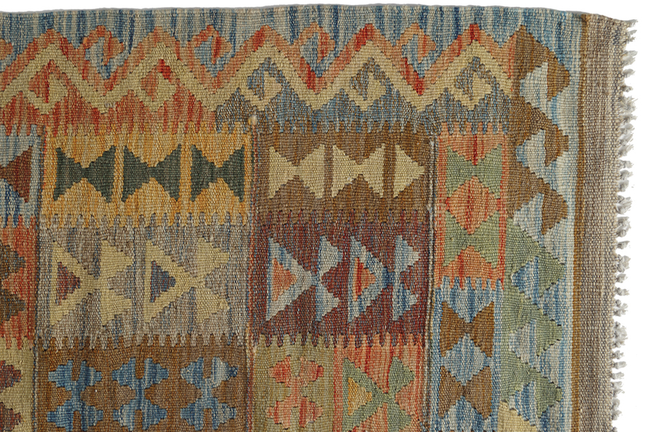 NORTHEAST PERSIAN KELIM VEG DYE CARPET on turquoise ground, with repeated diamond medallions, and - Image 2 of 6