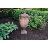 PAIR OF TERRACOTTA VASE SHAPED URNS AND COVERS 90 cm. high (2)