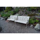 PAIR OF CAST METAL AND WOODEN GARDEN SEATS each raised on scroll ends 74 cm. high; 110 cm. wide;