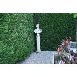 EARLY TWENTIETH-CENTURY MOULDED STONE CLASSICAL ROMAN BUST raised on a fluted column 73 cm. high