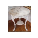 NINETEENTH-CENTURY COALBROOKDALE CAST IRON GARDEN TABLE the circular marble top, above a lion mask