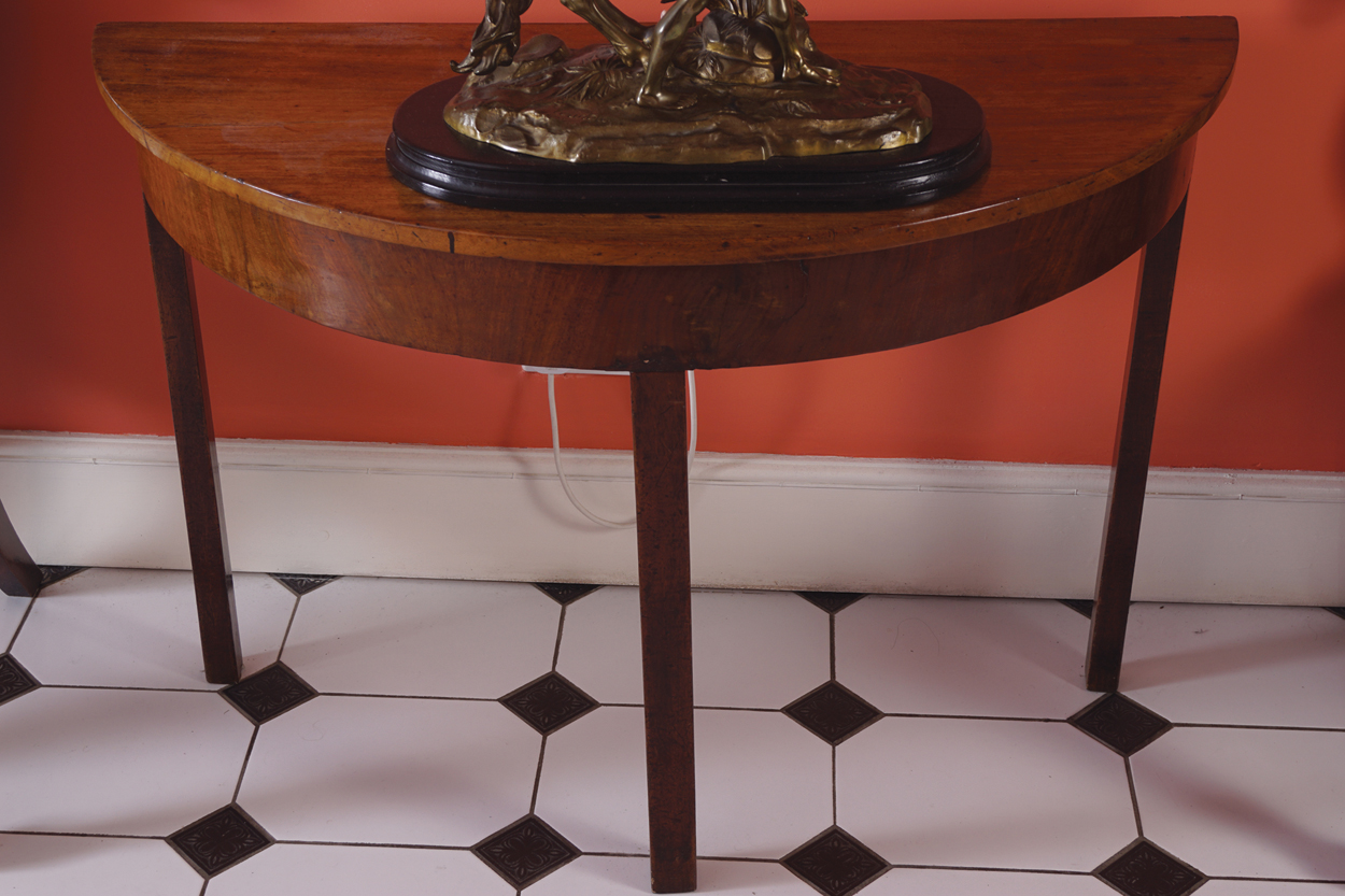 PAIR OF GEORGE III PERIOD MAHOGANY SIDE TABLES each with demi lune shaped top above a conforming - Image 3 of 3