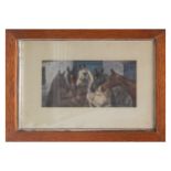 AFTER GEORGE WRIGHT Group of five horses Print enclosed in an oak frame, Trade label verso,