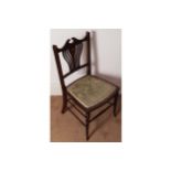 EDWARDIAN MAHOGANY AND MARQUETRY OCCASIONAL CHAIR the railed back, below a broken arched swan necked