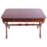 REGENCY PERIOD MAHOGANY AND EBONY BANDED LIBRARY TABLEthe rectangular top with rounded corners,