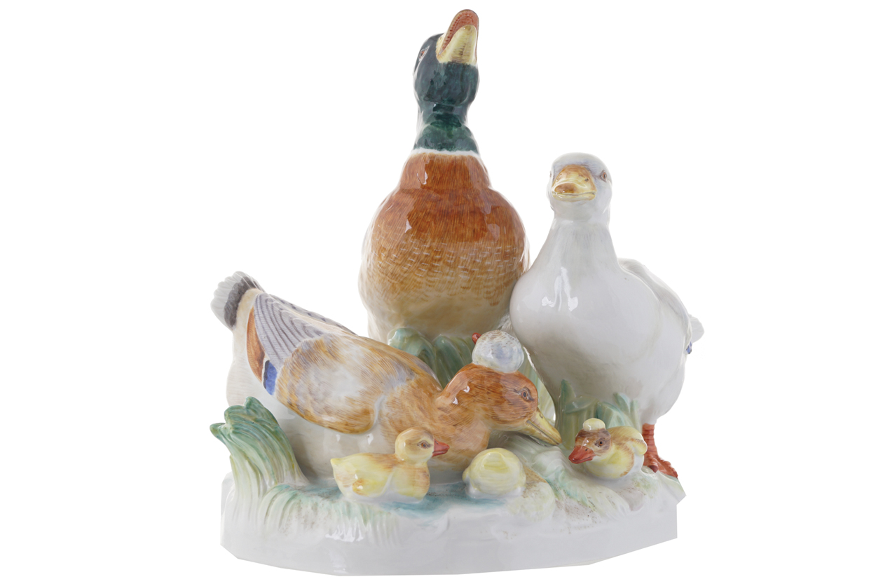 MEISSEN POLYCHROME GROUP OF DUCKS22 cm. high; 23 cm. wide