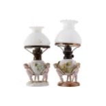 PAIR OF NINETEENTH-CENTURY COBURG PORCELAIN STEMMED OIL LAMPSeach of bulbous form supported by