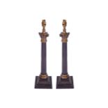 PAIR OF LATE NINETEENTH/TWENTIETH-CENTURY BRASS CORINTHIAN PILLARED TABLE LAMPS58 cm. high (2)