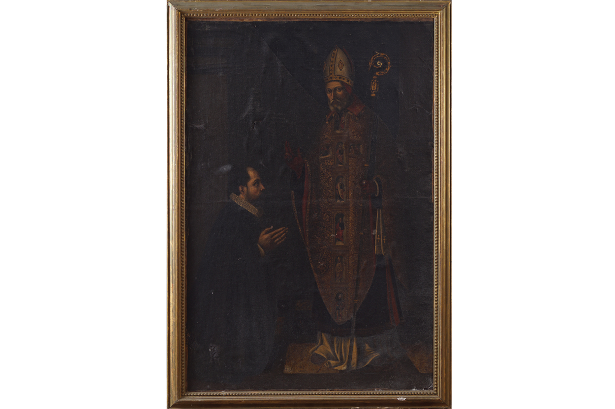 FLEMISH SCHOOL, SEVENTEENTH-CENTURYBishop blessing a noblemanOil on canvasEnclosed in a gilt - Image 2 of 9