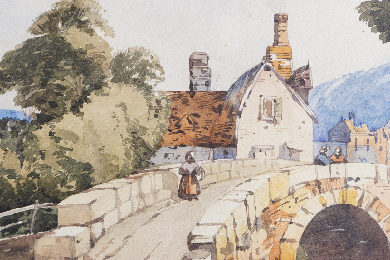 JOHN CALLOW, OWS (ENGLISH, 1822-78)The old house on the bridge. A river landscape with a woman on - Image 4 of 12