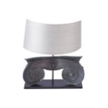 PAIR OF DESIGNER BRONZE IONIC CAPITAL STEMMED TABLE LAMPS AND SHADES each raised on an elongated