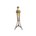 NINETEENTH-CENTURY BRASS AND SEVRES PORCELAIN STANDARD LAMPthe painted vase stem, raised on scroll