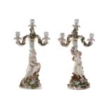 PAIR OF NINETEENTH-CENTURY GERMAN PORCELAIN CANDLEABRAeach of three scroll arms, raised on a tree