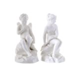 PAIR OF NINETEENTH-CENTURY BLANC DE CHINE FIGURESCherub seated on a rock nymph seated on a