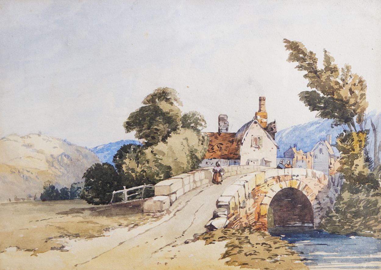 JOHN CALLOW, OWS (ENGLISH, 1822-78)The old house on the bridge. A river landscape with a woman on